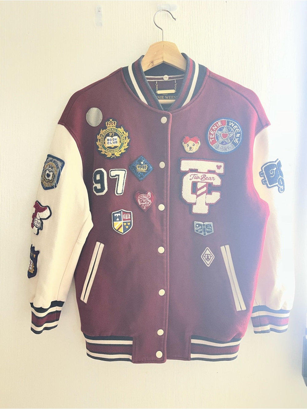 Teenie Weenie Burgundy and White Patchwork Varsity Jacket